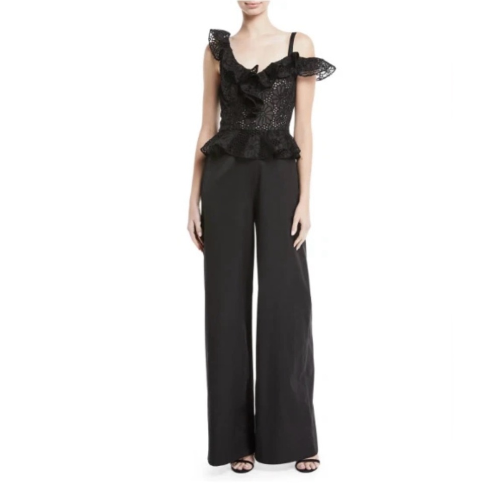 Rebecca Taylor Malorie Embroidered Black Lace Ruffle Peplum Jumpsuit, Size 6